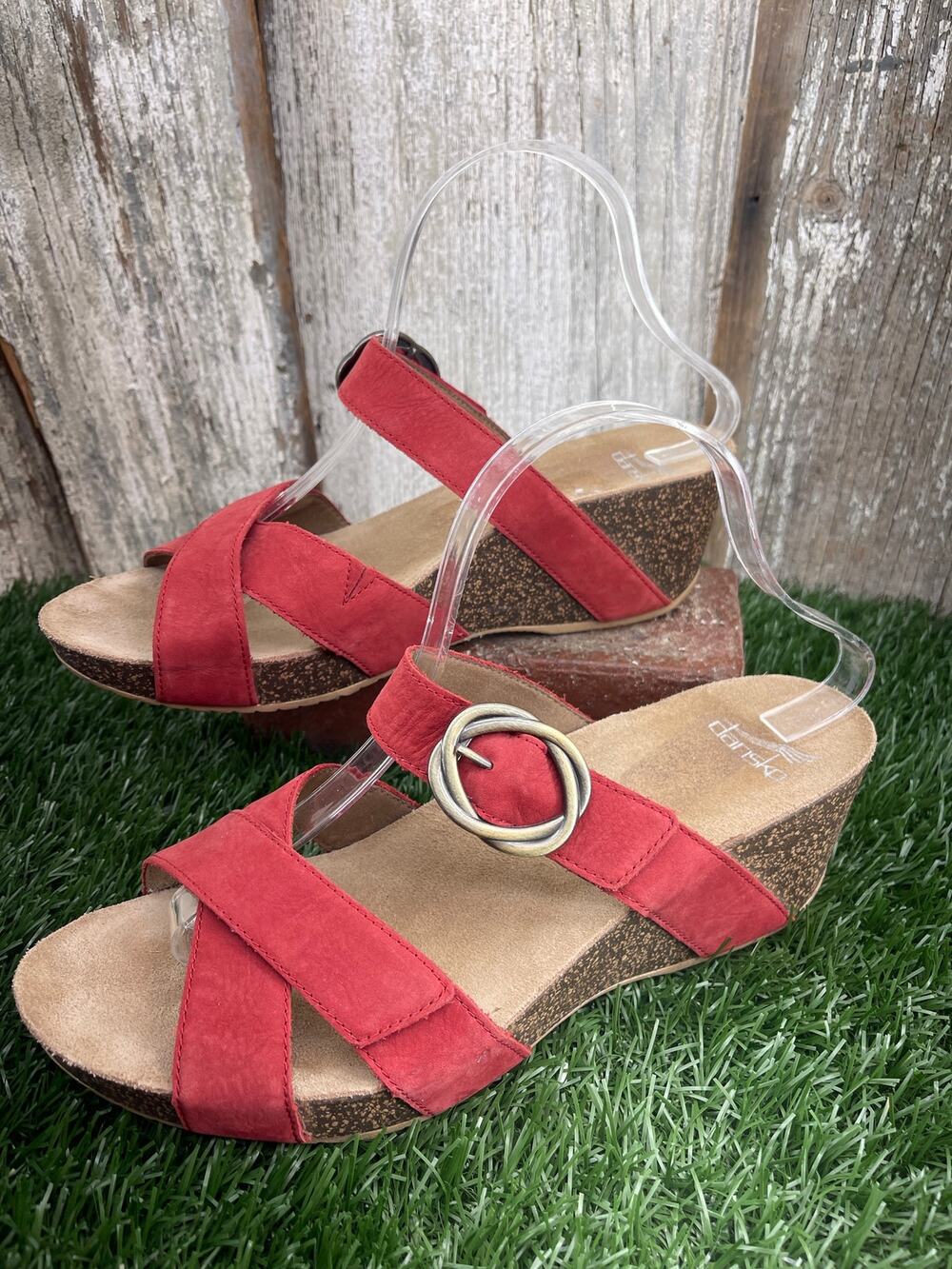 Dansko Susie Red Nubuck Leather Cork Wedge Strappy Sandals Women's EU41